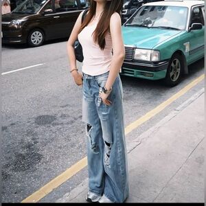 Vintage High Waisted Baggy Jeans Women Wide Leg Ripped Denim Casual 33